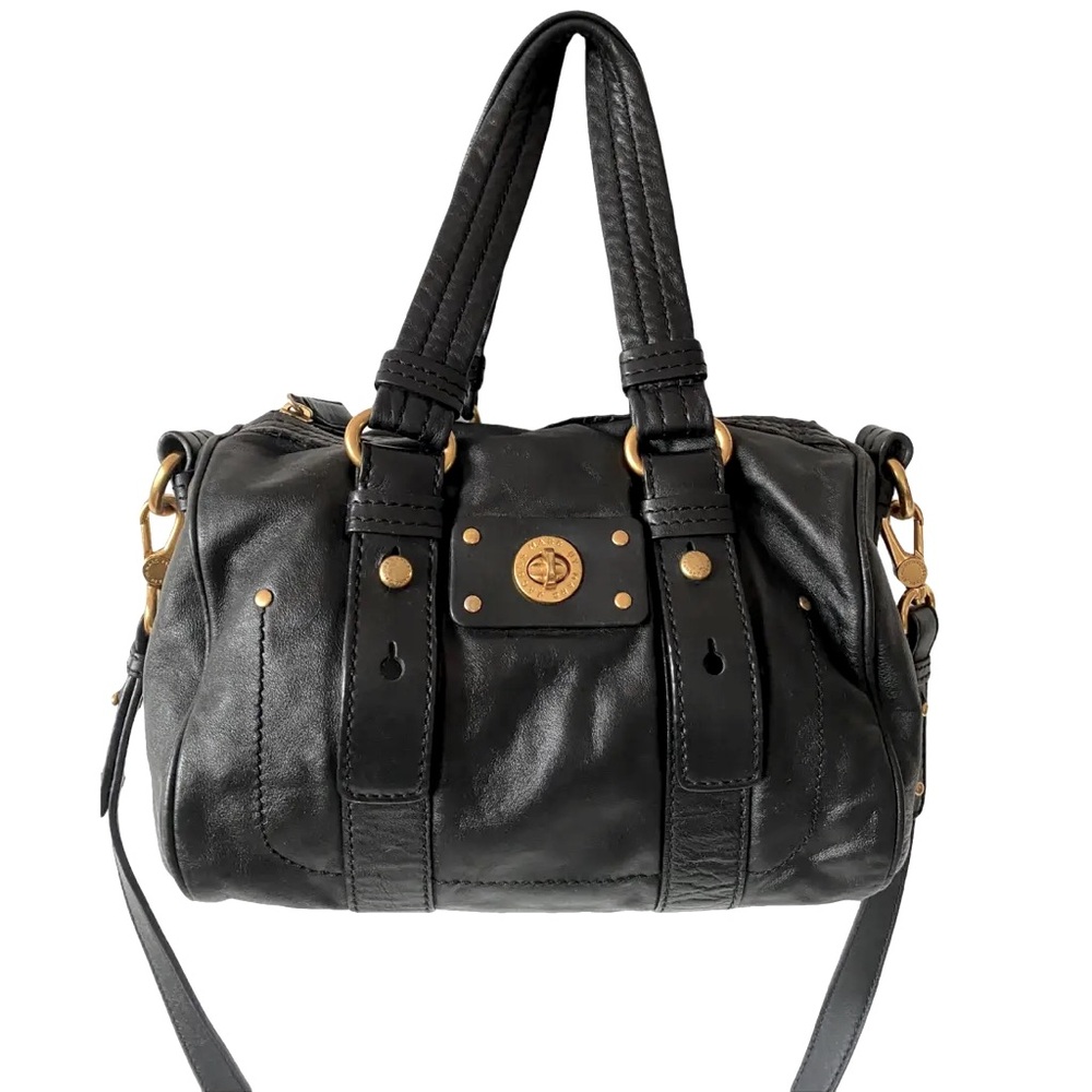 MARC JACOBS Shifty Black Leather Bag Turnlock Satchel Shoulder Duffel Tote